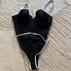 Cupshe Black One-Piece Swimsuit with White Trim and Gold Accent